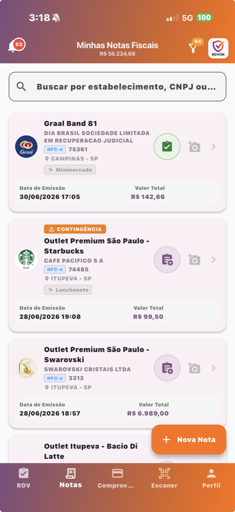 Tela do RDVOK com notas fiscais, logos, nomes fantasia, produtos e valores organizados em cards