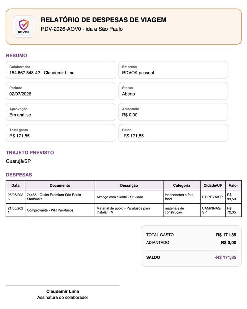 Exemplo de PDF de relatório de despesas de viagem gerado pelo RDVOK